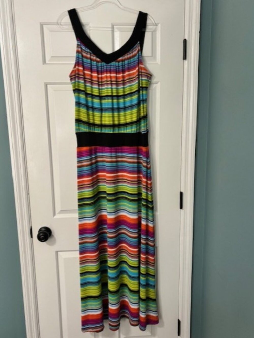 John Paul Richard Sleeveless V Neck Multicolored Striped Maxi Dress L Colorful